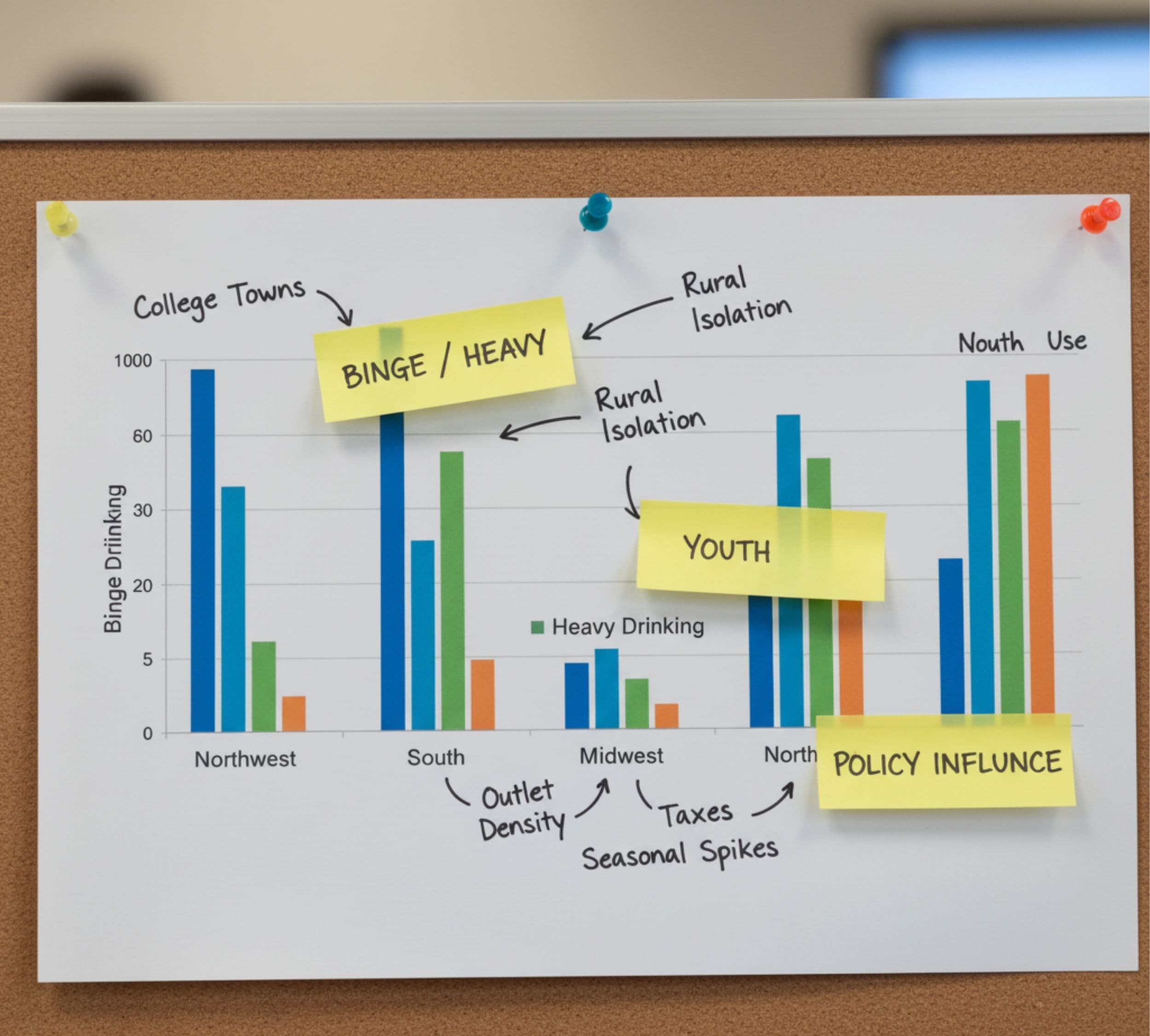 Bar chart printout with “Binge:Heavy:Youth” sticky tabs alcohol consumption by state patterns chart